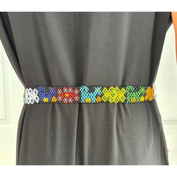 Vintage Artisan-Made Seed Beaded Belt Silver Buckle Red Cobalt Blue White Yellow main image 8
